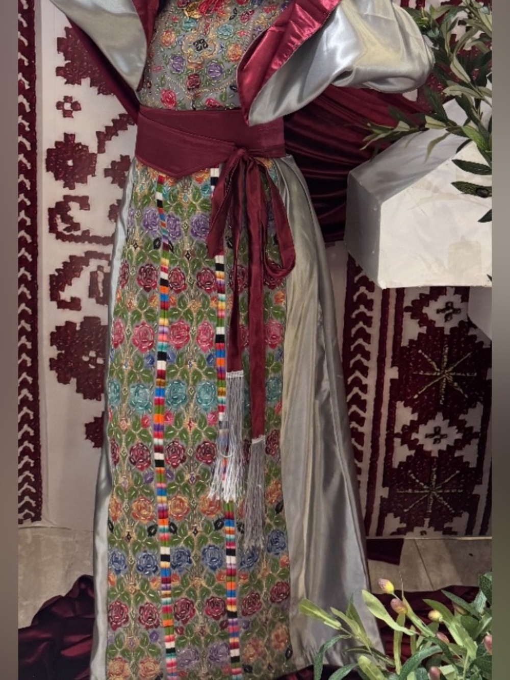 Hand-Embroidered Multicolor Floral Maxi Skirt with Burgundy Sash